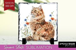 Floral Cat Slate PNG - Flowers Square Slate Sublimation Product Image 1