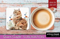 Floral Cat Square Coaster - Flowers Coaster PNG Sublimation Product Image 1