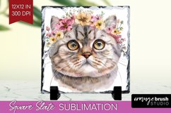 Floral Cat Slate PNG - Flowers Square Slate Sublimation Product Image 1