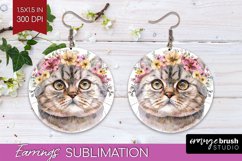 Floral Cat Round Earrings - Flowers PNG Sublimation Product Image 1