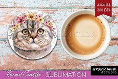 Floral Cat Round Coaster - Flowers Coaster PNG Sublimation Product Image 1