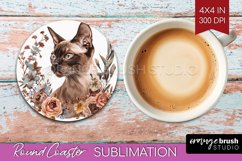Floral Cat Round Coaster - Flowers Coaster PNG Sublimation Product Image 1