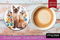 Floral Cat Round Coaster - Flowers Coaster PNG Sublimation Product Image 1