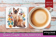 Floral Cat Square Coaster - Flowers Coaster PNG Sublimation Product Image 1
