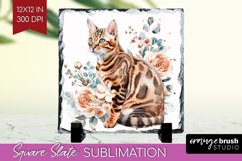 Floral Cat Slate PNG - Flowers Square Slate Sublimation Product Image 1