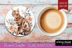 Floral Cat Round Coaster - Flowers Coaster PNG Sublimation Product Image 1