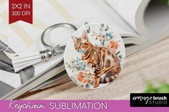 Floral Cat Keychain PNG - Flowers Keychain Sublimation Product Image 1