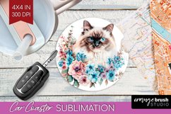 Floral Cat Car Coaster - Flowers Coaster PNG Sublimation Product Image 1