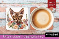 Floral Cat Square Coaster - Flowers Coaster PNG Sublimation Product Image 1