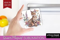 Floral Cat Magnet Sublimation - Flowers Square Magnet PNG Product Image 1