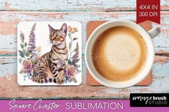 Floral Cat Square Coaster - Flowers Coaster PNG Sublimation Product Image 1