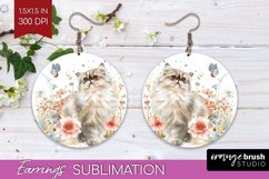 Floral Cat Round Earrings - Flowers PNG Sublimation Product Image 1
