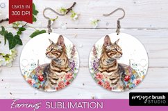 Floral Cat Round Earrings - Flowers PNG Sublimation Product Image 1