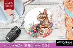 Floral Cat Car Coaster - Flowers Coaster PNG Sublimation Product Image 1