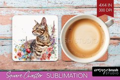 Floral Cat Square Coaster - Flowers Coaster PNG Sublimation Product Image 1