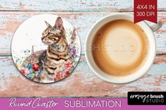 Floral Cat Round Coaster - Flowers Coaster PNG Sublimation Product Image 1