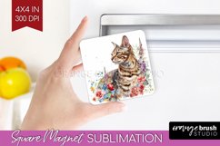 Floral Cat Magnet Sublimation - Flowers Square Magnet PNG Product Image 1