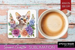 Floral Cat Square Coaster - Flowers Coaster PNG Sublimation Product Image 1
