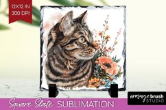 Floral Cat Slate PNG - Flowers Square Slate Sublimation Product Image 1