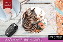 Floral Cat Car Coaster - Flowers Coaster PNG Sublimation Product Image 1