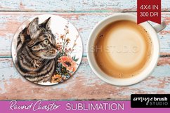 Floral Cat Round Coaster - Flowers Coaster PNG Sublimation Product Image 1