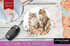 Floral Cat Car Coaster - Flowers Coaster PNG Sublimation Product Image 1