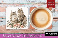 Floral Cat Square Coaster - Flowers Coaster PNG Sublimation Product Image 1
