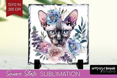 Floral Cat Slate PNG - Flowers Square Slate Sublimation Product Image 1