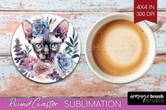Floral Cat Round Coaster - Flowers Coaster PNG Sublimation Product Image 1
