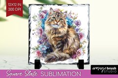 Floral Cat Slate PNG - Flowers Square Slate Sublimation Product Image 1