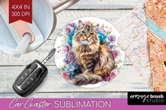 Floral Cat Car Coaster - Flowers Coaster PNG Sublimation Product Image 1
