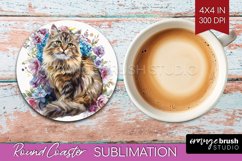 Floral Cat Round Coaster - Flowers Coaster PNG Sublimation Product Image 1
