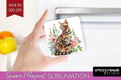 Floral Cat Magnet Sublimation - Flowers Square Magnet PNG Product Image 1