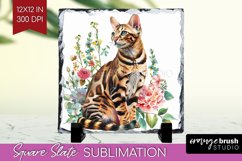 Floral Cat Slate PNG - Flowers Square Slate Sublimation Product Image 1