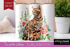 Floral Cat Tumbler Wrap - Flowers Tumbler PNG Sublimation Product Image 1