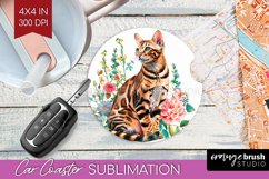 Floral Cat Car Coaster - Flowers Coaster PNG Sublimation Product Image 1