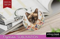 Floral Cat Keychain PNG - Flowers Keychain Sublimation Product Image 1