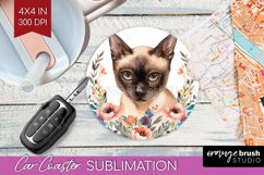 Floral Cat Car Coaster - Flowers Coaster PNG Sublimation Product Image 1
