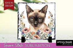 Floral Cat Slate PNG - Flowers Square Slate Sublimation Product Image 1