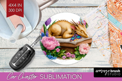 Floral Dragon Car Coaster - Fantasy Coaster PNG Sublimation Product Image 1