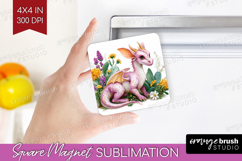Floral Dragon Magnet Sublimation - Fantasy Square Magnet PNG Product Image 1