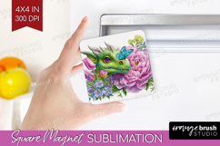 Floral Dragon Magnet Sublimation - Fantasy Square Magnet PNG Product Image 1