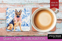 German Shepherd Dog Square Coaster Blue Toile Coaster PNG Product Image 1