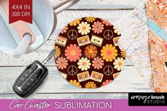 Retro Flowers Car Coaster - Groovy Coaster PNG Sublimation Product Image 1