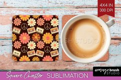 Retro Flowers Square Coaster - Groovy Coaster PNG Product Image 1