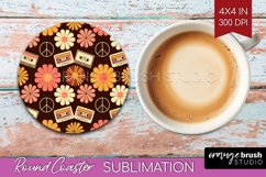 Retro Flowers Round Coaster - Groovy Coaster PNG Sublimation Product Image 1