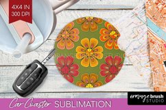 Retro Flowers Car Coaster - Groovy Coaster PNG Sublimation Product Image 1