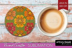 Retro Flowers Round Coaster - Groovy Coaster PNG Sublimation Product Image 1