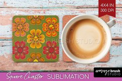 Retro Flowers Square Coaster - Groovy Coaster PNG Product Image 1