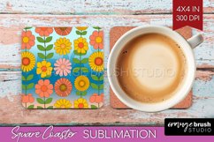 Retro Flowers Square Coaster - Groovy Coaster PNG Product Image 1